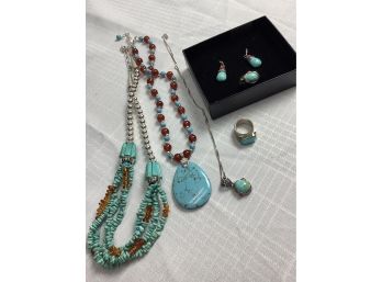 Turquoise Looking Stones Marked .925 On All Pieces Except The Small Pendant With Red Side Stones On Chain