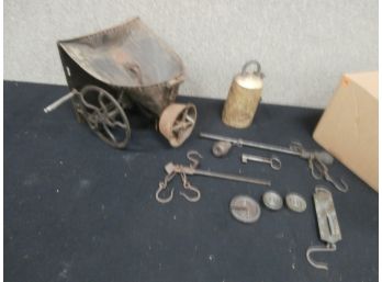 An Assorted Country Lot Including A Sifter, Cowbell, Scales, A Key, Etc.