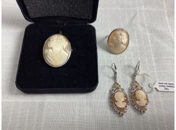 Sterling Silver Cameo Jewelry Including A Ring, Pin And Earrings