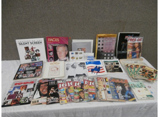 Celebrity And Rock Music Collectible Lot Including Stamps, Magazines, Books And Newspaper Clippings