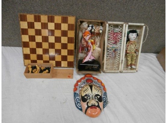 Asian Doll With Clothing, Geisha Music Box, Mask And A Wooden Chess Set