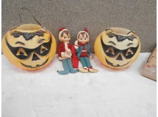 Vintage Holiday Lot Including 2 Large Sized Elves And 2 Plastic Mashed Jack-o-lantern Candy Containers