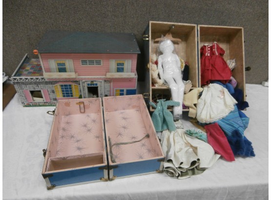 Tin Doll House With Plastic Furniture And Accessories Plus 2 Doll Cases With Various Clothing