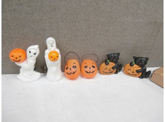 Vintage Halloween Including 2 Small Blow Mold Ghosts With Pumpkins, 2 Jack O' Lanterns, 2 Ceramic Black Cats
