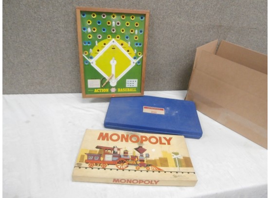 Vintage Games Including Pressman Action Baseball And 2 Monopoly Games