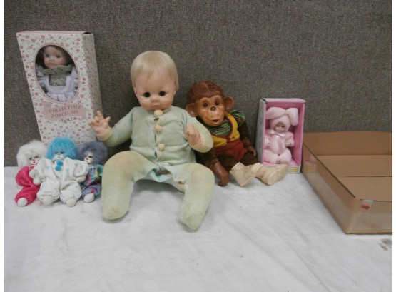 Porcelain Bunny Doll, 3 Clown Dolls, Vintage Monkey And Infant Doll, JC Penny Co. Collectible Porcelain Doll