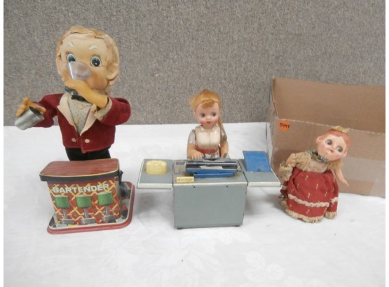 Battery Operated And Wind Up Toys Including Charlie Weaver Bartender, Miss Friday, Etc.