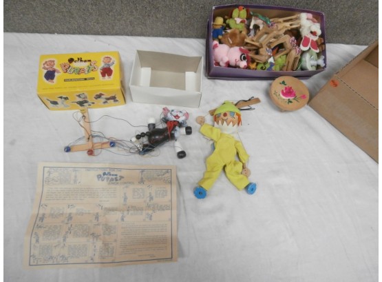 2 Pelham Puppets-Cat And Clown Plus Assorted Miniature Toys And Doll House Furniture, Etc.