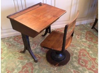 Antique Wood School House Desk And Chair