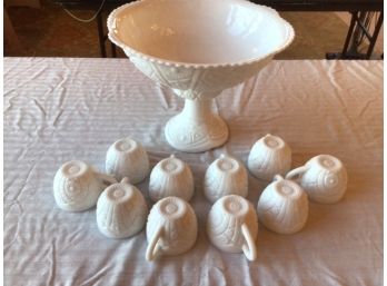 Antique Milk Glass 2 Piece Punch Bowl With 10 Cups
