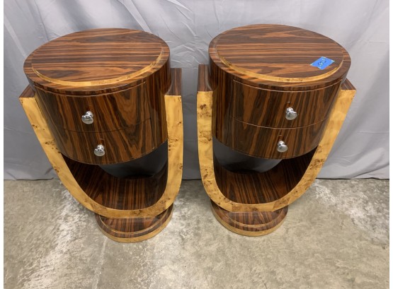 Pair Of 2 Drawer Burled Side Tables With A U Shaped Base