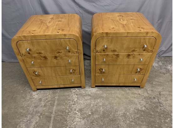 Pair Of Art Deco Style 4 Drawer Burled Side Tables