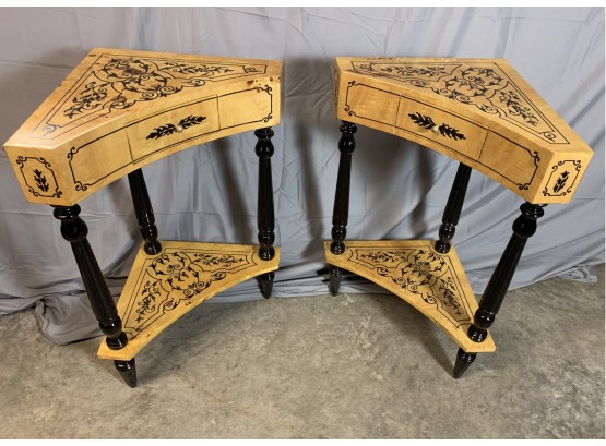 Pair Of Corner Side Tables With Black Decoration And 1 Drawer