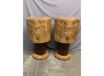 Pair Of Burled Wood 2 Drawer Stand On Columns