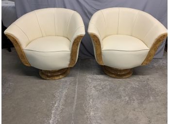 Pair Of Tulip Style Cream Leather And Burled Club Chairs