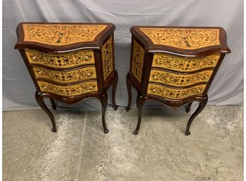 Pair Of Burled 3 Drawer Side Tables With Black Hand Painted Decorations