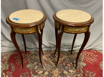 Pair Of Marble Top Round Stand With Gold Ormolu