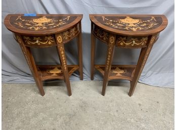 Pair Of Half Round Inlaid Side Table With 1 Drawer