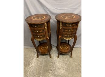 Pair Of Inlaid 3 Drawer Side Tables With Great Inlay Work