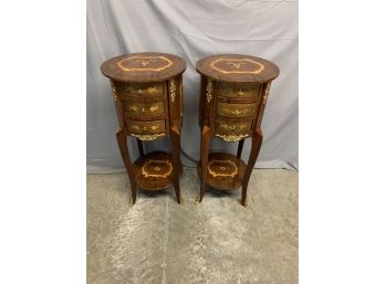 Pair Of Inlaid 3 Drawer Side Tables With Great Inlay Work