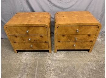 Pair Of Burled 3 Drawer Art Deco Side Tables