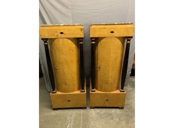 Pair Of Burled Wood Cylinder Style Cabinets With Marble Tops