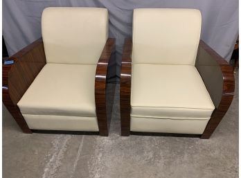 2 White Leather Art Deco Style Club Chairs