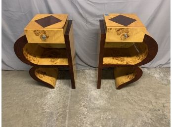 Pair Of R Shaped Burled And Inlaid Side Tables With A Drawer