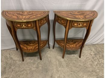 Pair Of Inlaid Half Round Side Tables With Brass Edge