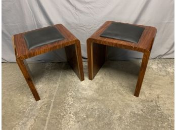 Pair Of Art Deco Style Stools With Black Leather Tops