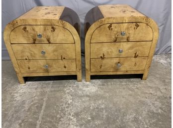 Pair Of Art Deco Style Burled 3 Drawer Side Tables