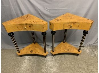 Pair Of Burled One Drawer Corner Stands
