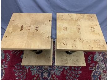 Pair Of Burled Square End Tables With A Black Bulbous Center
