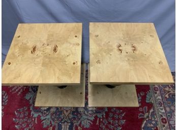 Pair Of Burled Square Side Tables With A Black Bulbous Base