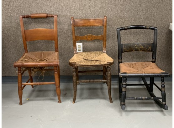 3 Rush Seat Chairs/Rocker For Restoration