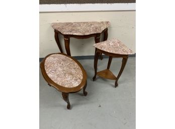 3 Piece Marble Top Table Set Including Hall Table, Coffee Table, And Corner Table