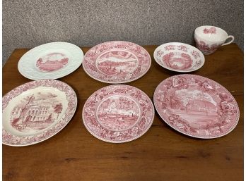 7 Pieces Of Scenic US Red Transferware Including Hartford And Mont Vernon