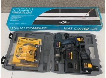 Grouping Of 3 Tools Including A Ryobi Drill Set And A Logan Mat Cutter
