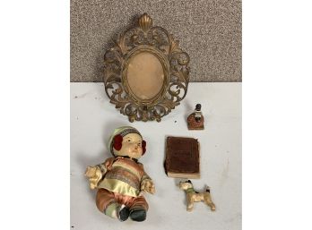 5 Pieces Lot Of Antique Items Including Mirror, Leather Book, Vintage Mohair Dog