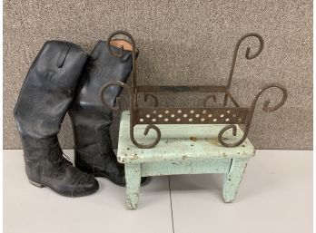 3 Vintage Items Including A Painted Stool And Vintage Leather Boots