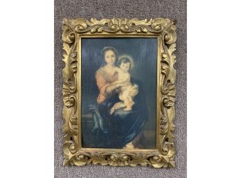 Italian Print Of Madonna And Child On Board With Gold Carved Framed