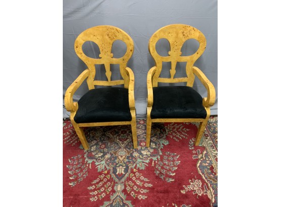 Pair Of Burled Arm Chairs With Black Upholstery