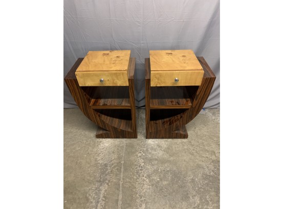 Pair Of Burled 1 Drawer Stands With Zebra Wood Detail