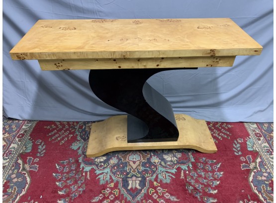 Burled Hall Table With A Black Detailed S Base