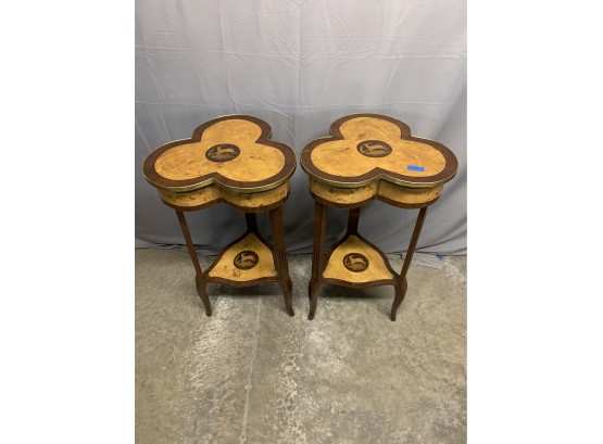 Pair Of Burled Clove Side Tables With A Goat Inlay
