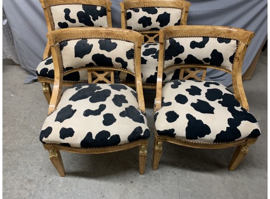 Set Of 4 Burled Egyptian Revival Side Chairs With Cow Print Upholstery
