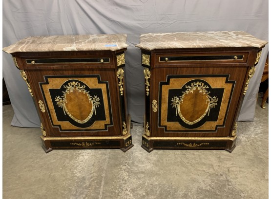 Pair Of Marble Top Inlaid Console Tables With Gold Ormolu