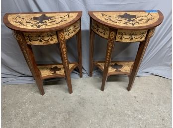 Pair Of Burled Inlaid Half Round Side Tables