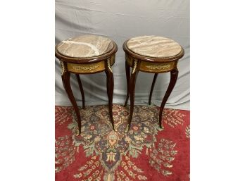 Pair Of Marble Top Round Stands With Gold Ormolu