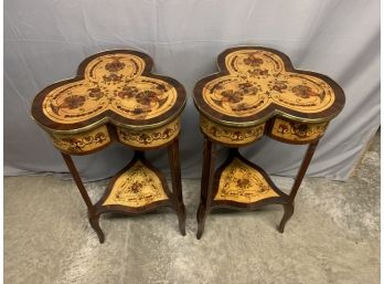 Burled Inlaid Cover Style Side Tables With Brass Banding